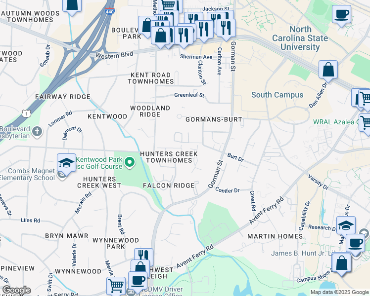 map of restaurants, bars, coffee shops, grocery stores, and more near 1723 Kayla Court in Raleigh