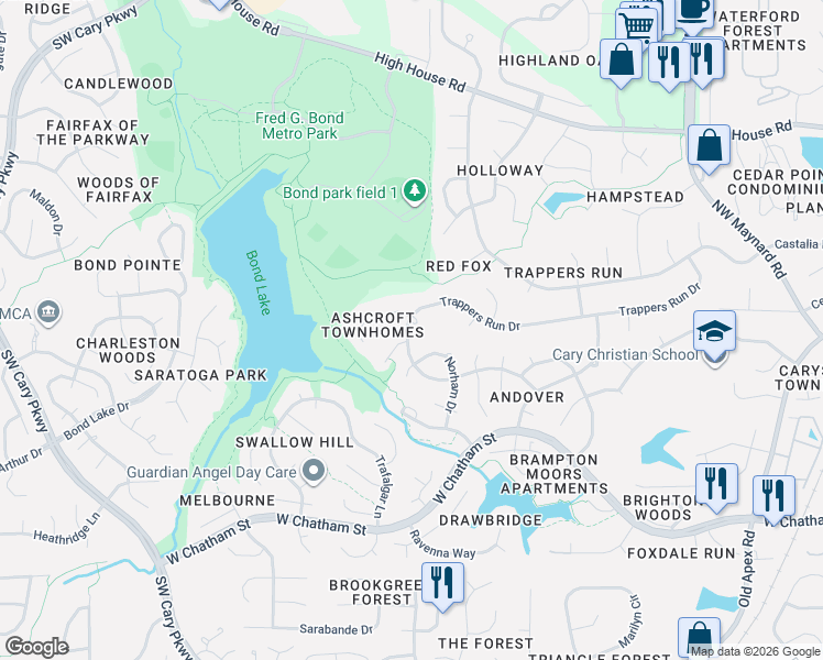 map of restaurants, bars, coffee shops, grocery stores, and more near 214 Norham Drive in Cary
