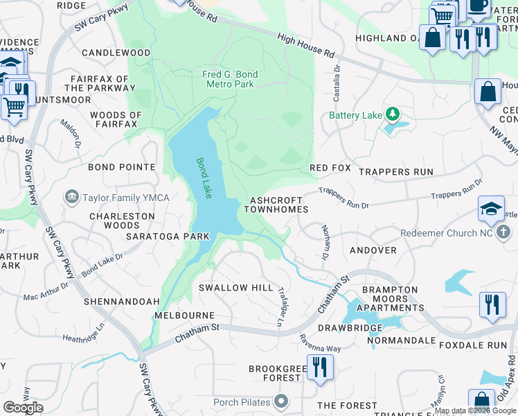 map of restaurants, bars, coffee shops, grocery stores, and more near 125 Luxon Place in Cary