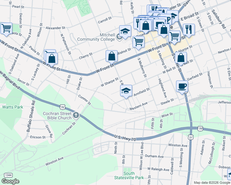 map of restaurants, bars, coffee shops, grocery stores, and more near 625 West Bell Street in Statesville