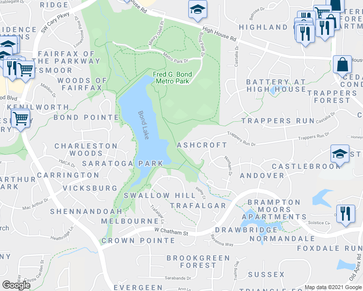 map of restaurants, bars, coffee shops, grocery stores, and more near 125 Luxon Place in Cary