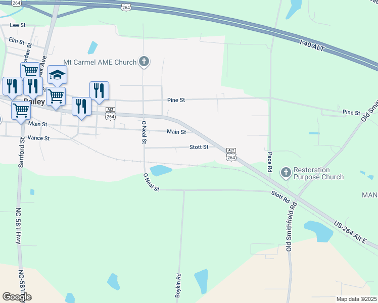 map of restaurants, bars, coffee shops, grocery stores, and more near 5749 Stott Street in Bailey