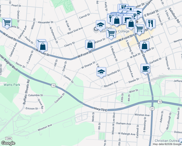 map of restaurants, bars, coffee shops, grocery stores, and more near 627 West Sharpe Street in Statesville