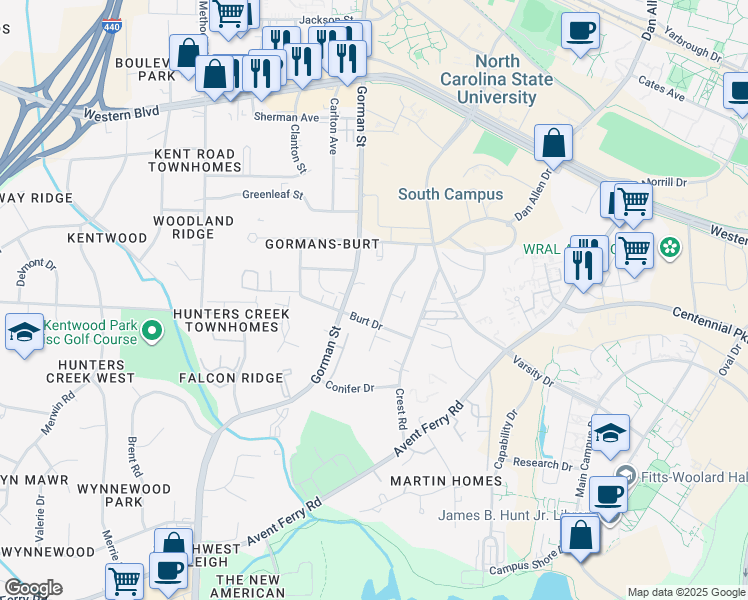 map of restaurants, bars, coffee shops, grocery stores, and more near 1501 Gorman Street in Raleigh