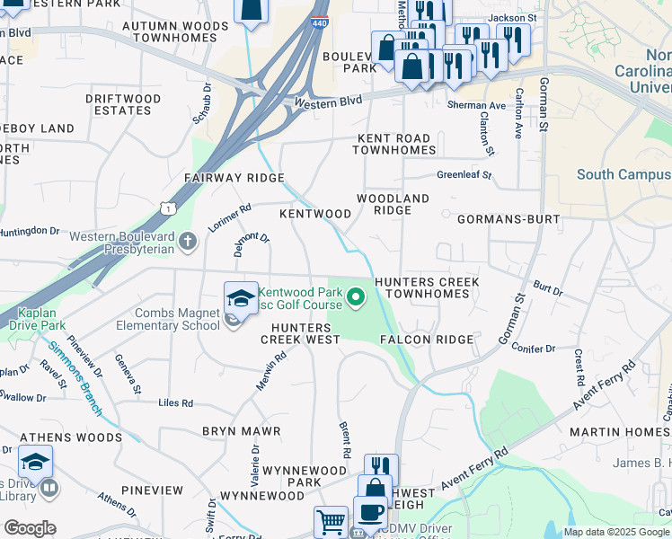 map of restaurants, bars, coffee shops, grocery stores, and more near 4536 Kaplan Drive in Raleigh