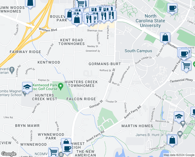 map of restaurants, bars, coffee shops, grocery stores, and more near 1705 Murad Court in Raleigh