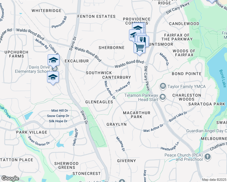 map of restaurants, bars, coffee shops, grocery stores, and more near 103 Trailview Drive in Cary