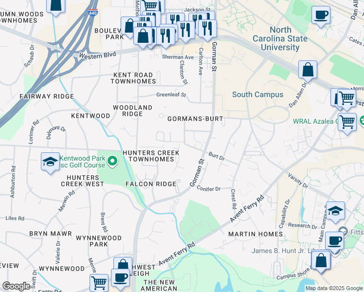 map of restaurants, bars, coffee shops, grocery stores, and more near 3833 Kelford Street in Raleigh