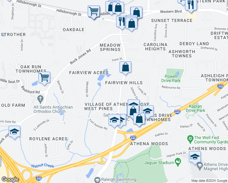 map of restaurants, bars, coffee shops, grocery stores, and more near 835 Barringer Drive in Raleigh