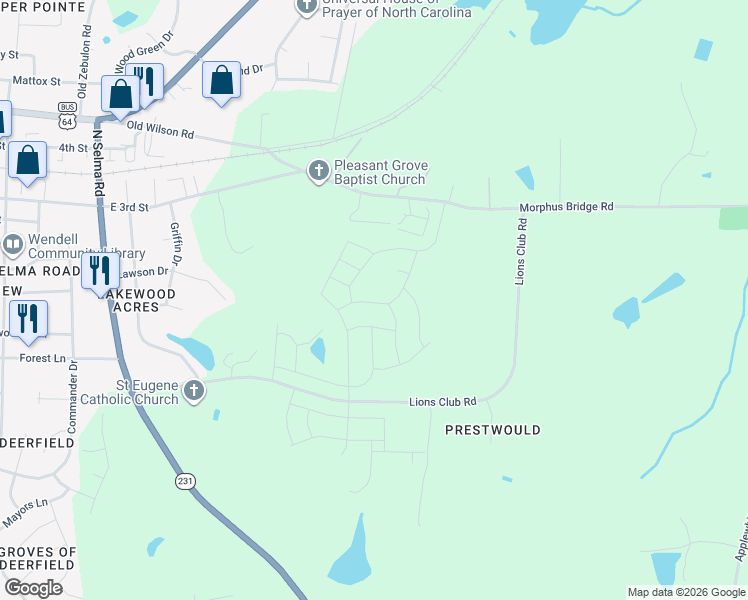 map of restaurants, bars, coffee shops, grocery stores, and more near 929 Jo Jo Drive in Wendell