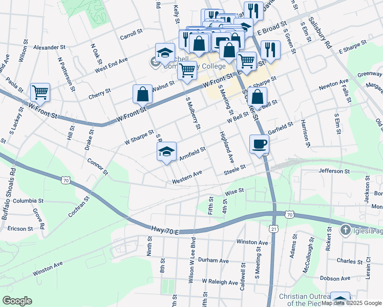 map of restaurants, bars, coffee shops, grocery stores, and more near Armfield Street in Statesville