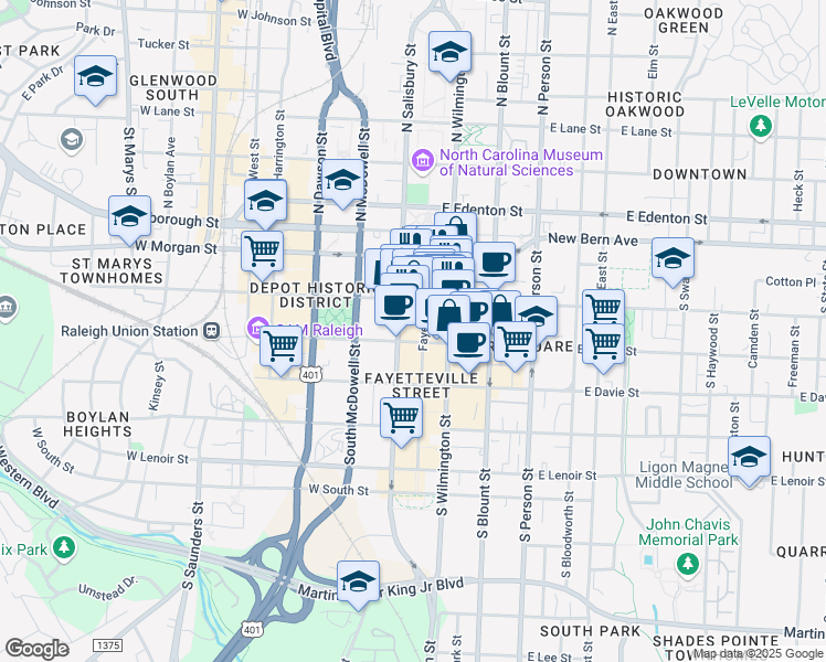 map of restaurants, bars, coffee shops, grocery stores, and more near 207 Fayetteville Street in Raleigh
