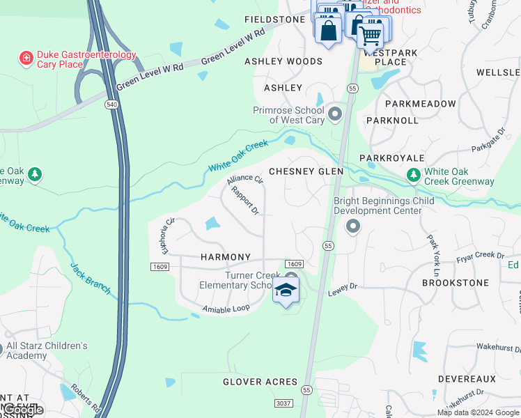 map of restaurants, bars, coffee shops, grocery stores, and more near 303 Alliance Circle in Cary