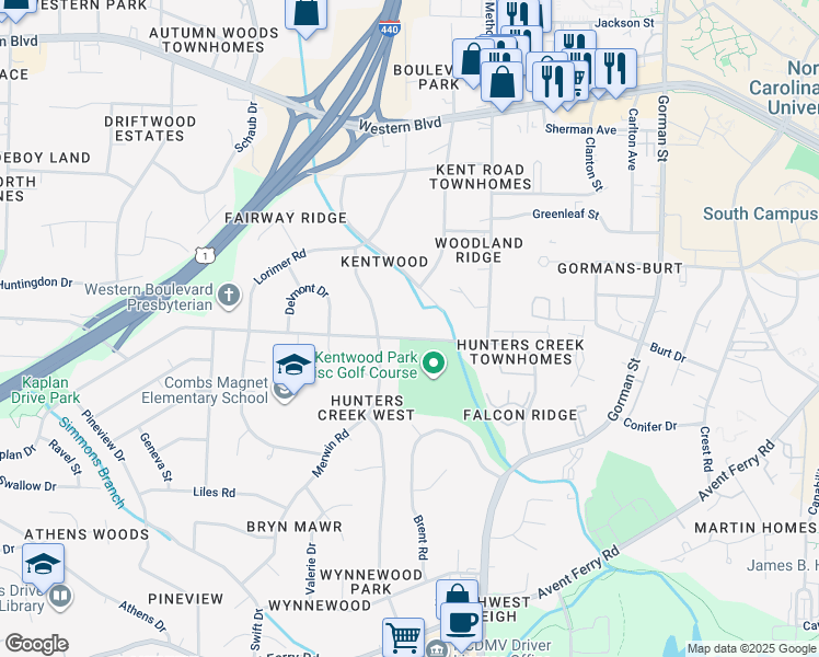 map of restaurants, bars, coffee shops, grocery stores, and more near 4536 Kaplan Drive in Raleigh