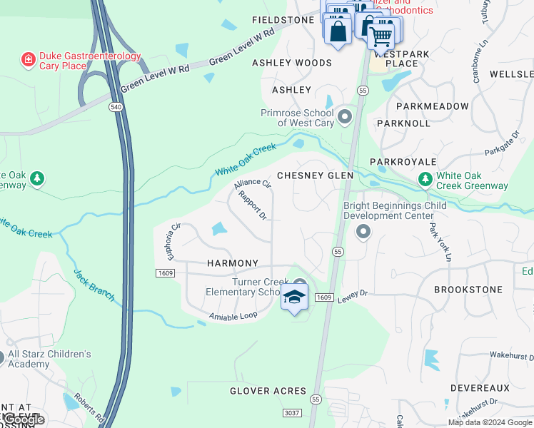 map of restaurants, bars, coffee shops, grocery stores, and more near 303 Alliance Circle in Cary