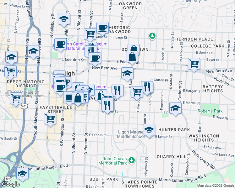 map of restaurants, bars, coffee shops, grocery stores, and more near in Raleigh