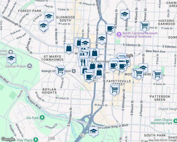 map of restaurants, bars, coffee shops, grocery stores, and more near 213 South Harrington Street in Raleigh