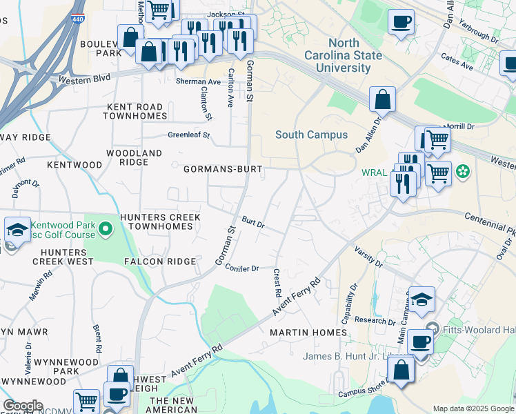 map of restaurants, bars, coffee shops, grocery stores, and more near 1501 Gorman Street in Raleigh