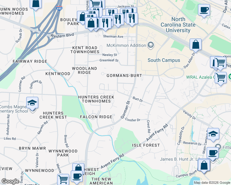 map of restaurants, bars, coffee shops, grocery stores, and more near 3833 Kelford Street in Raleigh