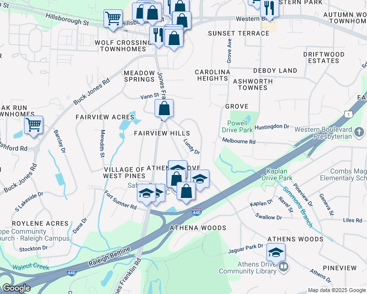 map of restaurants, bars, coffee shops, grocery stores, and more near 831 Athens Drive in Raleigh