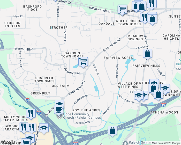 map of restaurants, bars, coffee shops, grocery stores, and more near 430 Buck Jones Road in Raleigh