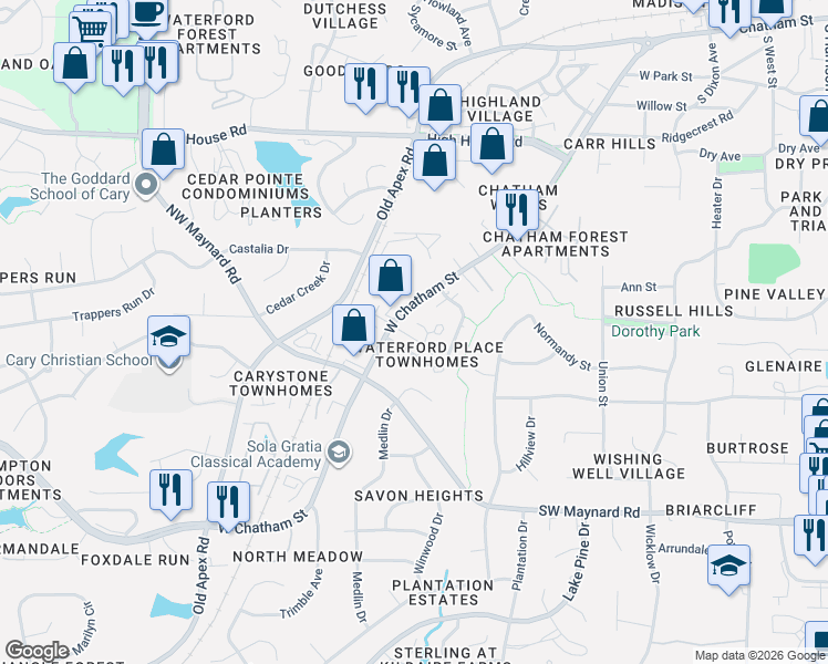 map of restaurants, bars, coffee shops, grocery stores, and more near 218 Cross Keys Court in Cary
