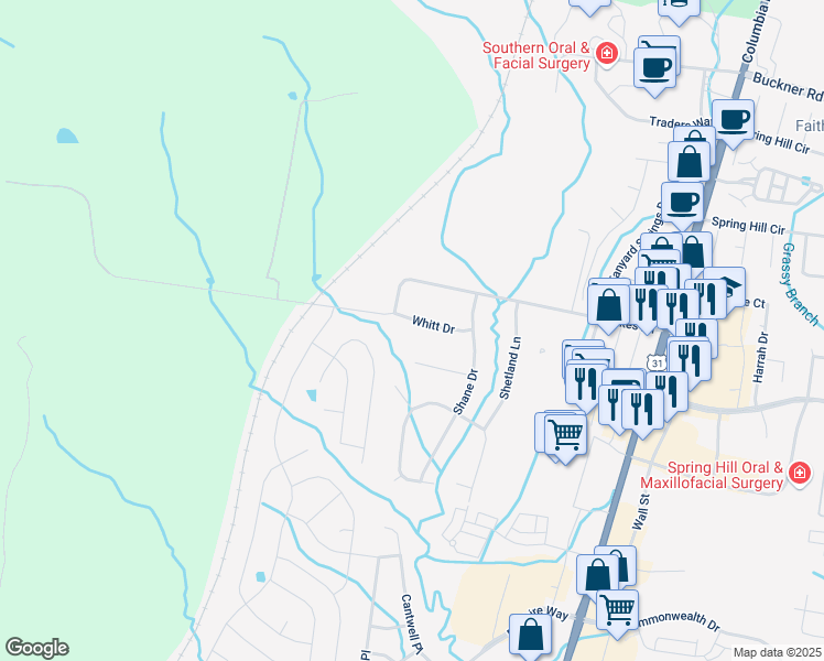 map of restaurants, bars, coffee shops, grocery stores, and more near 1710 Whitt Drive in Spring Hill