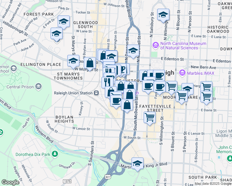 map of restaurants, bars, coffee shops, grocery stores, and more near 320 West Martin Street in Raleigh