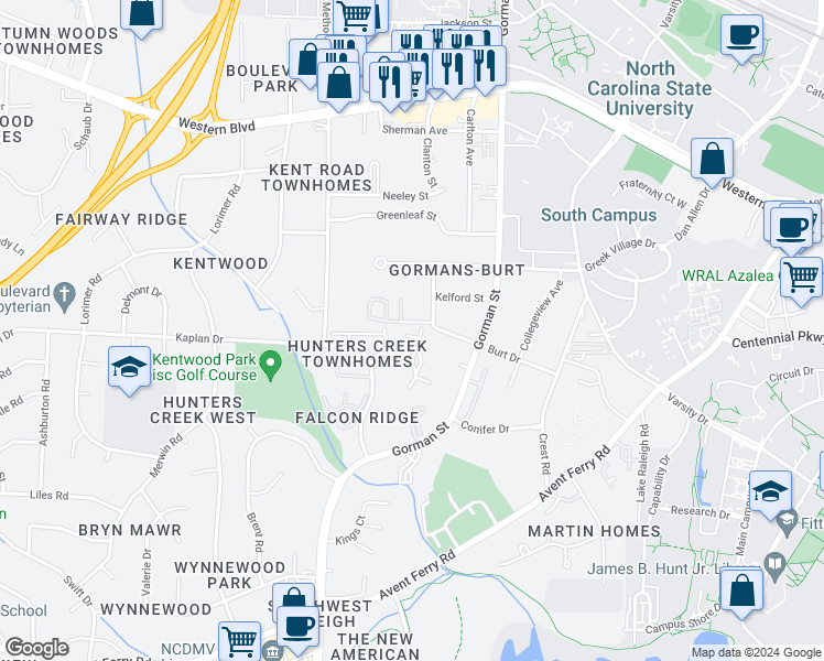 map of restaurants, bars, coffee shops, grocery stores, and more near 4204 Sterlingworth Drive in Raleigh