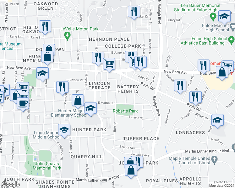 map of restaurants, bars, coffee shops, grocery stores, and more near 1302 East Hargett Street in Raleigh