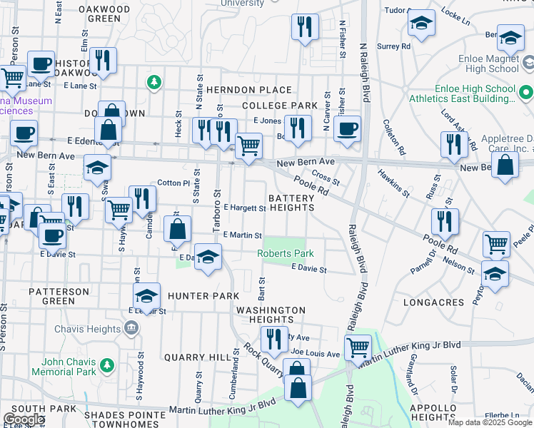 map of restaurants, bars, coffee shops, grocery stores, and more near 1302 East Hargett Street in Raleigh