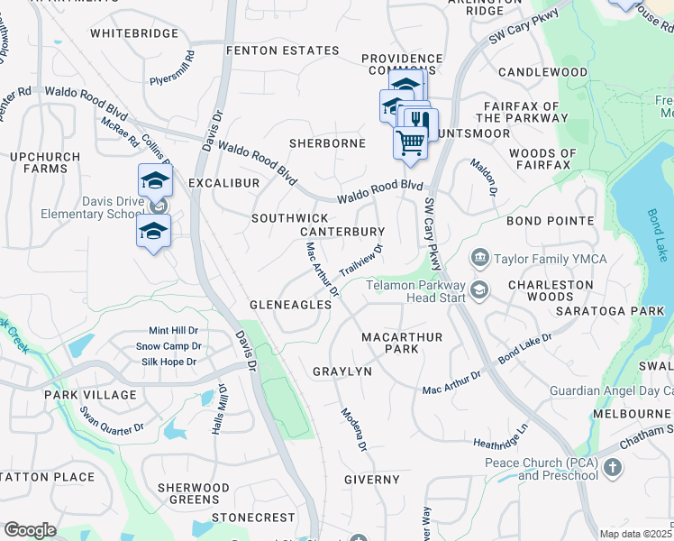 map of restaurants, bars, coffee shops, grocery stores, and more near 105 Trailview Drive in Cary