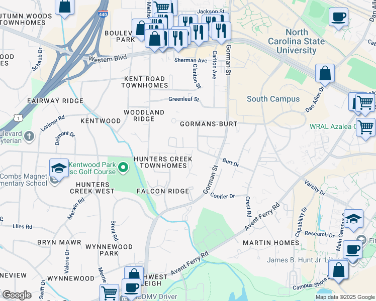 map of restaurants, bars, coffee shops, grocery stores, and more near 4204 Sterlingworth Drive in Raleigh