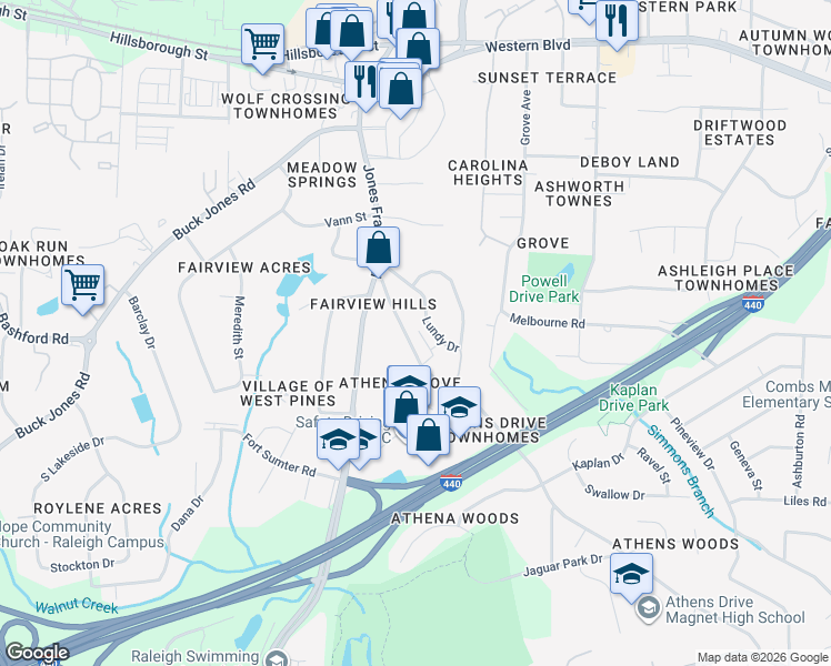 map of restaurants, bars, coffee shops, grocery stores, and more near 841 Athens Drive in Raleigh