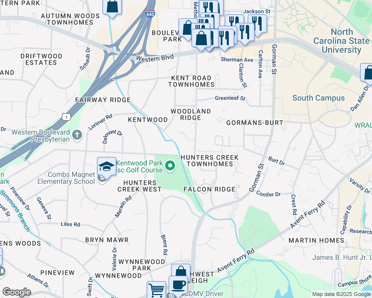 map of restaurants, bars, coffee shops, grocery stores, and more near 1412 Kent Road in Raleigh