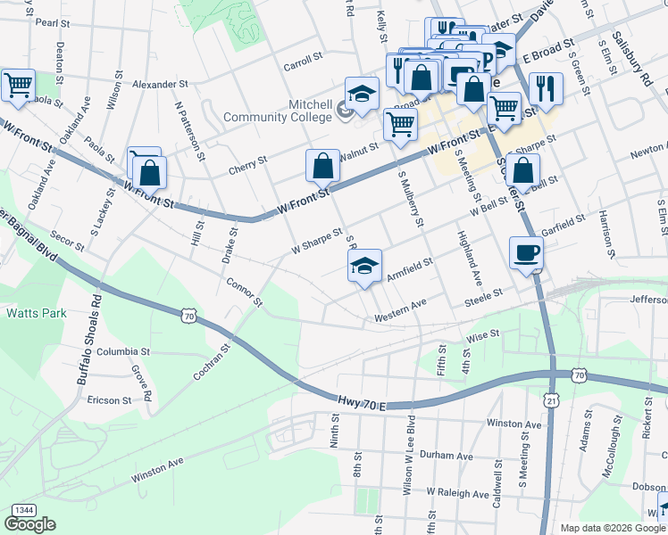 map of restaurants, bars, coffee shops, grocery stores, and more near 627 West Sharpe Street in Statesville