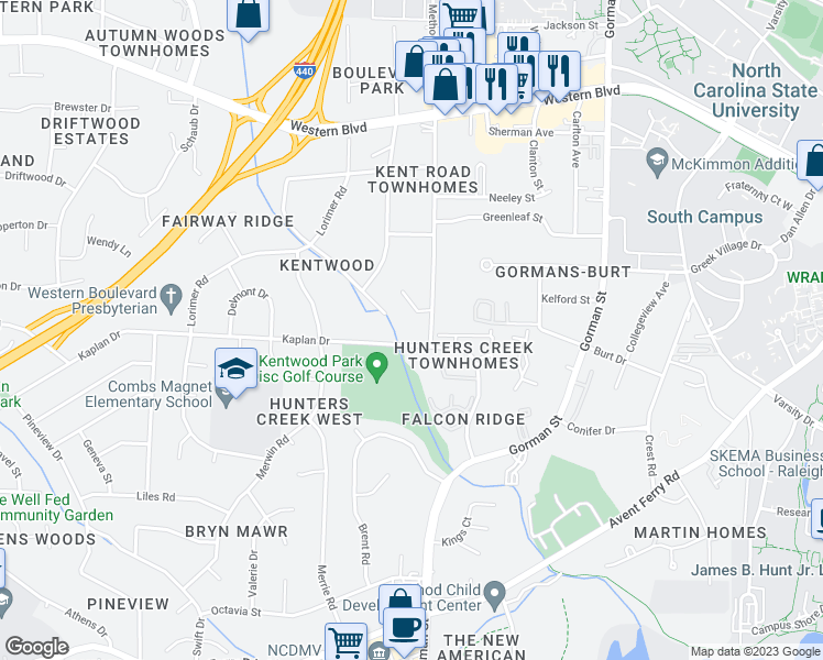 map of restaurants, bars, coffee shops, grocery stores, and more near 1412 Kent Road in Raleigh