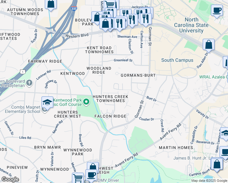 map of restaurants, bars, coffee shops, grocery stores, and more near 1508 Stovall Drive in Raleigh