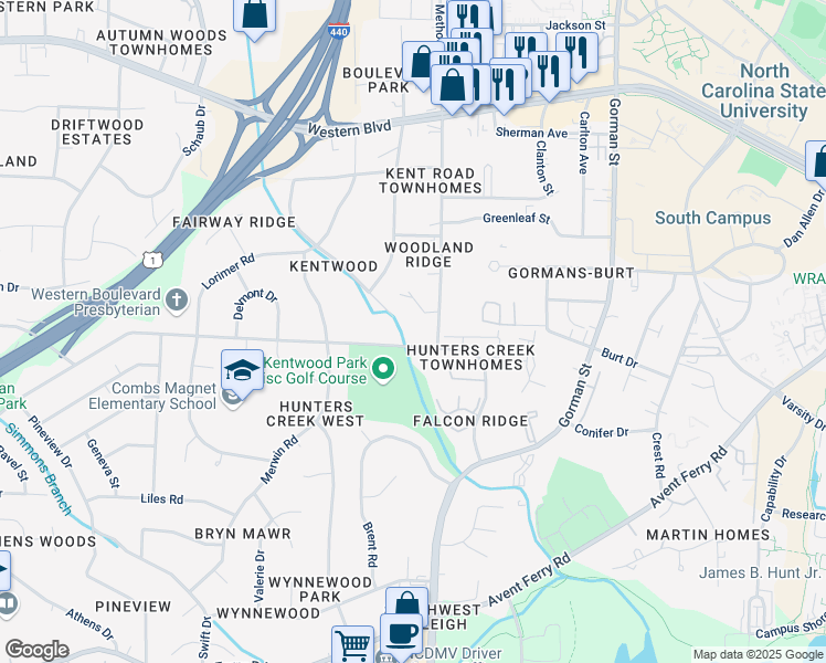 map of restaurants, bars, coffee shops, grocery stores, and more near 1334 Kent Road in Raleigh
