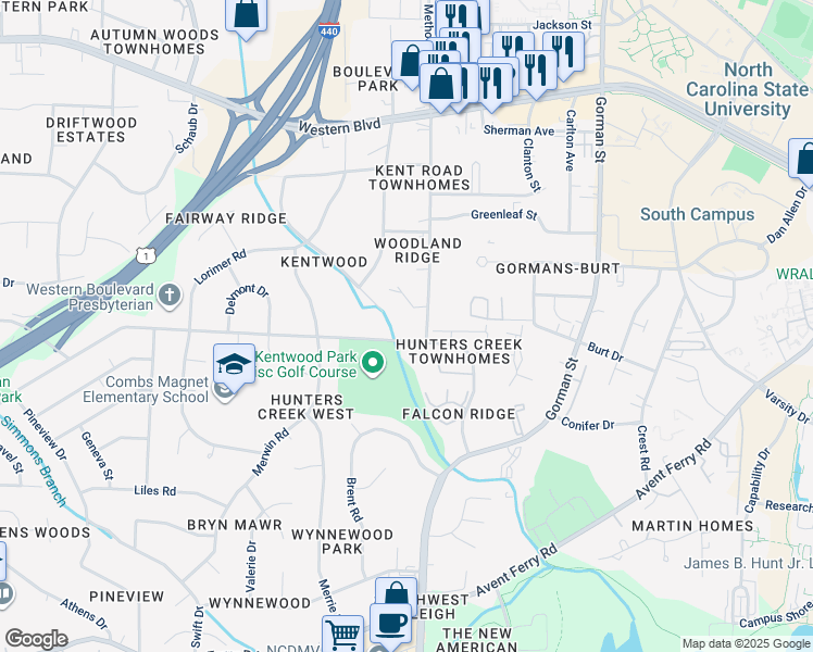 map of restaurants, bars, coffee shops, grocery stores, and more near 1414 Kent Road in Raleigh