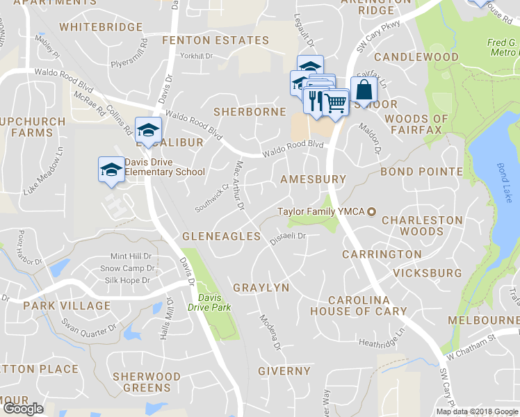 map of restaurants, bars, coffee shops, grocery stores, and more near 107 Trailview Drive in Cary