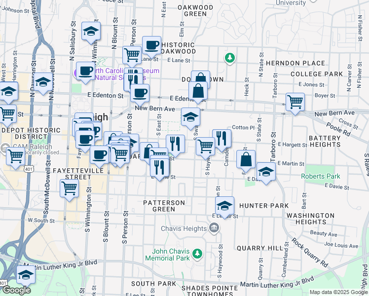 map of restaurants, bars, coffee shops, grocery stores, and more near 551 East Hargett Street in Raleigh