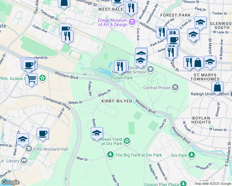 map of restaurants, bars, coffee shops, grocery stores, and more near 1508 Western Boulevard in Raleigh