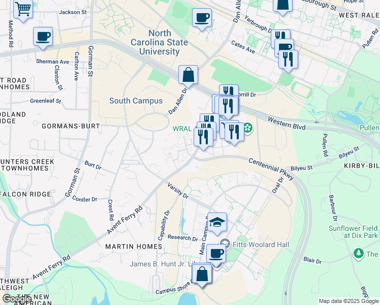 map of restaurants, bars, coffee shops, grocery stores, and more near 2200 Avent Ferry Road in Raleigh