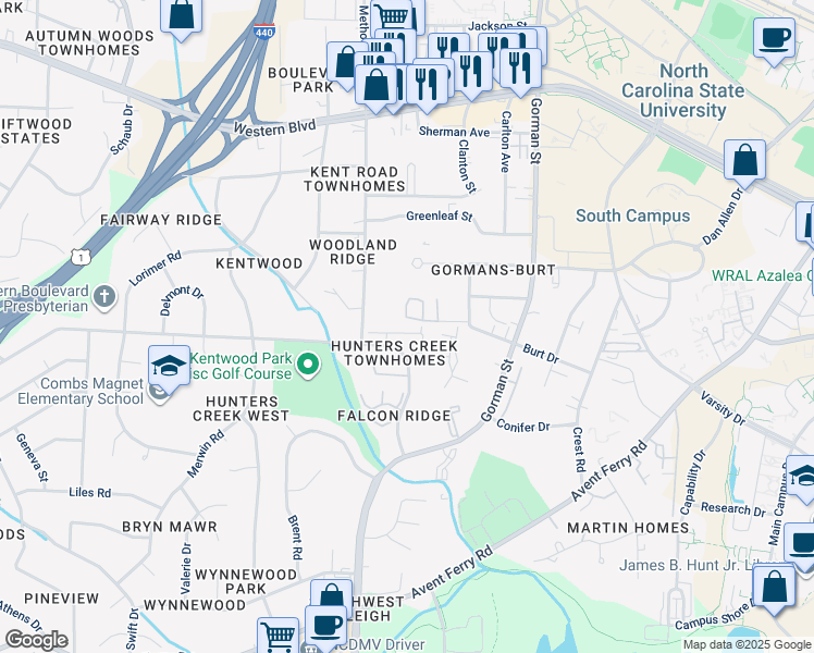 map of restaurants, bars, coffee shops, grocery stores, and more near 1508 Stovall Drive in Raleigh