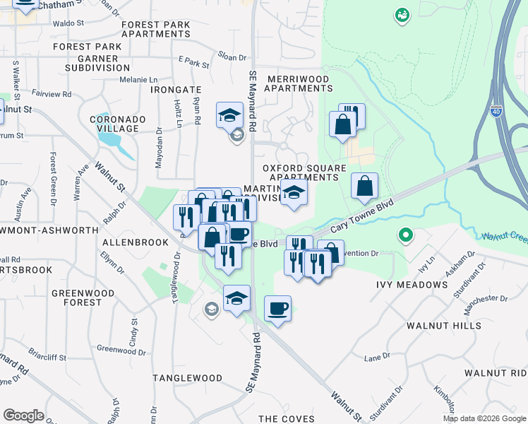 map of restaurants, bars, coffee shops, grocery stores, and more near 924 Southeast Maynard Road in Cary