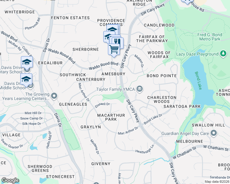map of restaurants, bars, coffee shops, grocery stores, and more near 202 Ashley Brook Court in Cary