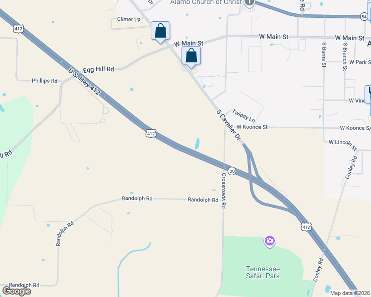map of restaurants, bars, coffee shops, grocery stores, and more near U.S. Highway 412 in Alamo