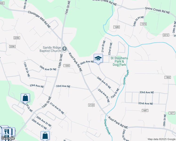 map of restaurants, bars, coffee shops, grocery stores, and more near 2020 34th Ave Dr NE in Hickory