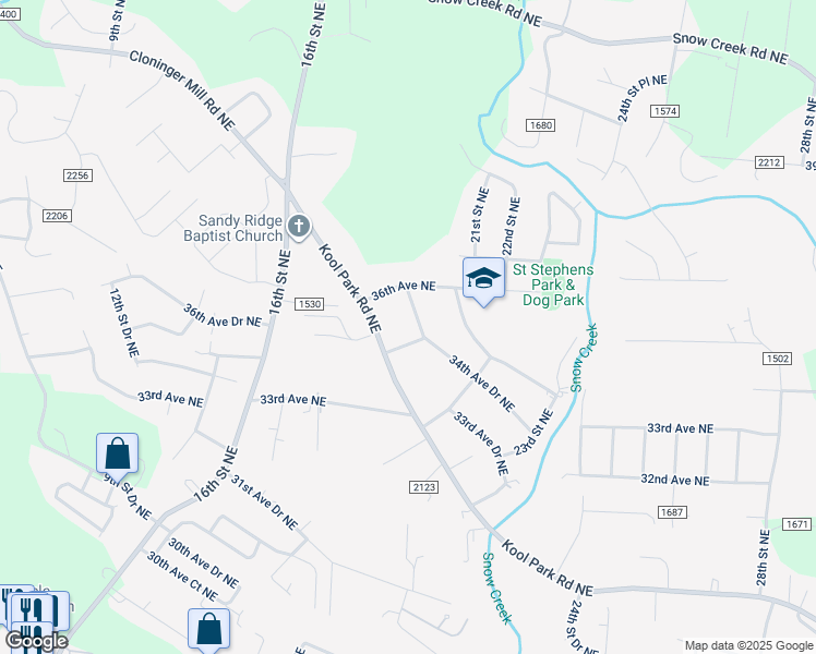 map of restaurants, bars, coffee shops, grocery stores, and more near 2020 34th Ave Dr NE in Hickory